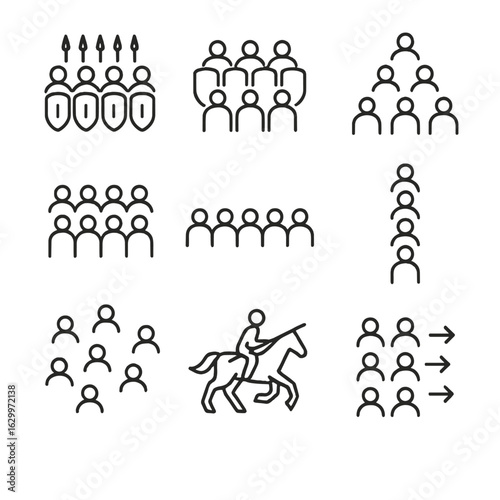 Battle Formation Icons. Outline icon set of battle formations: phalanx, shield wall, wedge, square, line, column, skirmish,