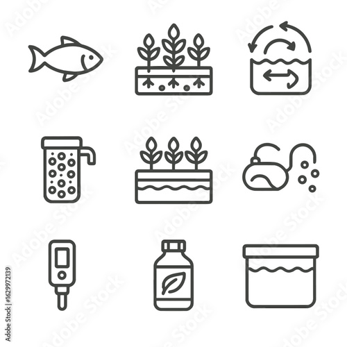 Aquaponic Icon Set. Outline icon set of aquaponic ecosystem: fish, plants, water circulation, biofilter, grow