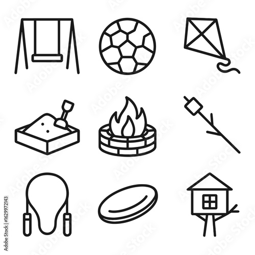 Backyard Activity Icons. Outline icon set of backyard activities: kids swing, soccer ball, kite, sandbox, fire pit, marshmallow
