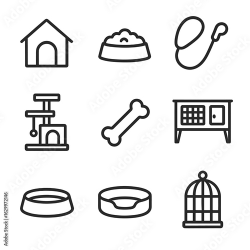 Backyard Pet Icons. Outline icon set of backyard pets: doghouse, food bowl, pet leash, cat tree, chew toy, rabbit hutch, water