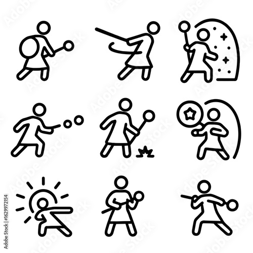 Battle Staff Icons. Outline icon set of staffs in battle: shield bash, staff swipe, magical barrier, energy pulse, staff slam,