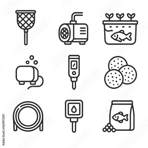 Aquaponics Tools Icons. Outline icon set of aquaponics farming tools: fish net, water pump, grow bed, aerator,
