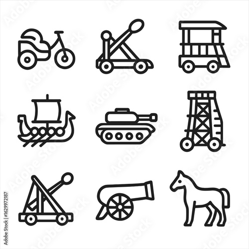 Battle Vehicles Icons. Outline icon set of battle vehicles and machines: war chariot, catapult, battering ram, warship, tank,