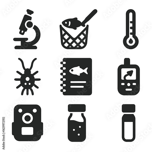 Aquatic Monitoring Icons. Solid, filled icons set of aquatic biodiversity monitoring: microscope, fish net,