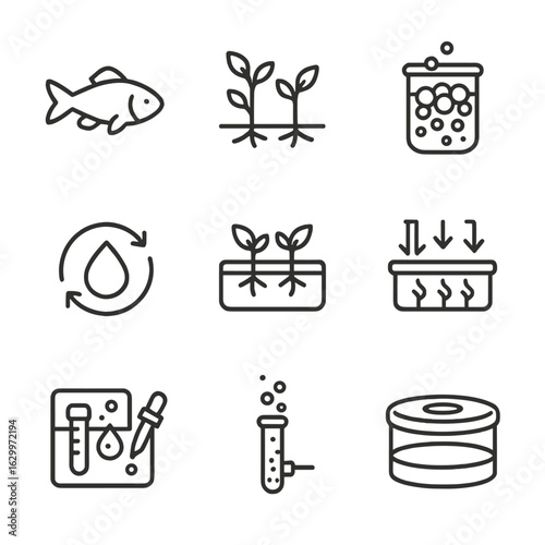 Aquaponics Icon Set. Outline icon set of sustainable aquaponics: fish, plants, biofilter, water circulation,