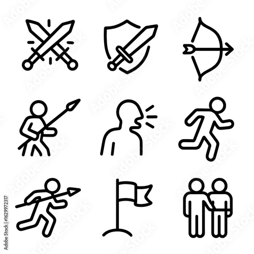 Battle Action Icons. Outline icon set of battle actions: sword clash, shield block, arrow shot, spear throw, battle cry, retreat,