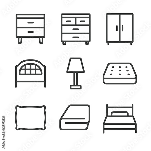 Bedroom Furniture Icons. Outline icon set of bedroom furniture: nightstand, dresser, wardrobe, headboard, bedside lamp, mattress,