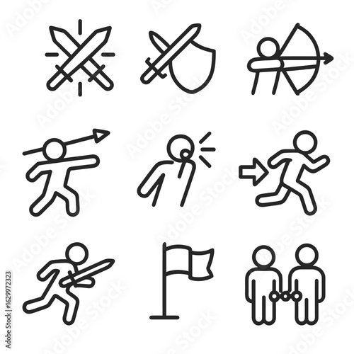 Battle Action Icons. Outline icon set of battle actions: sword clash, shield block, arrow shot, spear throw, battle cry, retreat,