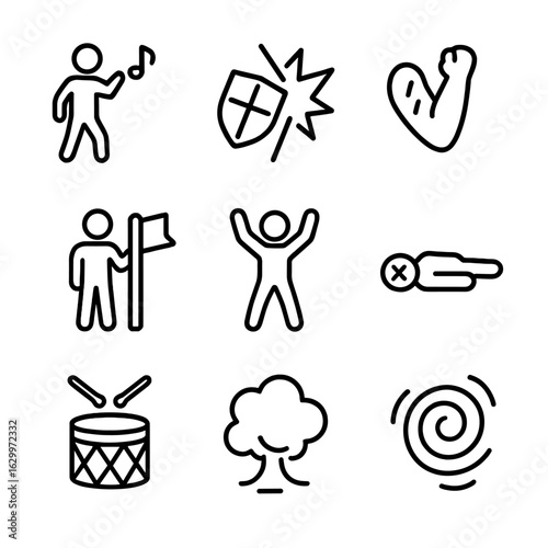 Battle Morale Icons. Outline icon set of battle morale and effects: war chant, shield bash, battle wounds, rallying flag, victory