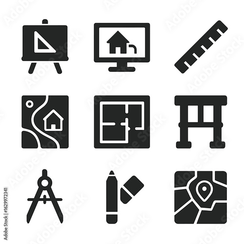 Architectural Tools Icons. Solid, filled icons set of architectural planning tools: drafting board, CAD screen