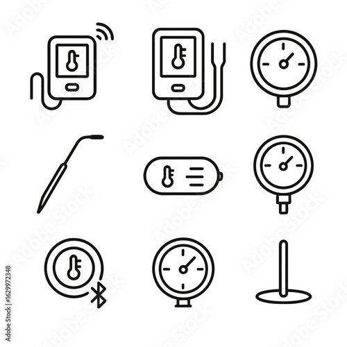 BBQ Temperature Tools Icons. Outline icon set of BBQ temperature tools: wireless grill thermometer, dual-probe thermometer, smoker