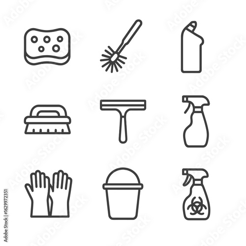 Bathroom Cleaning Icons. Outline icon set of bathroom cleaning items: sponge, toilet brush, cleaner bottle, tile scrubber, shower