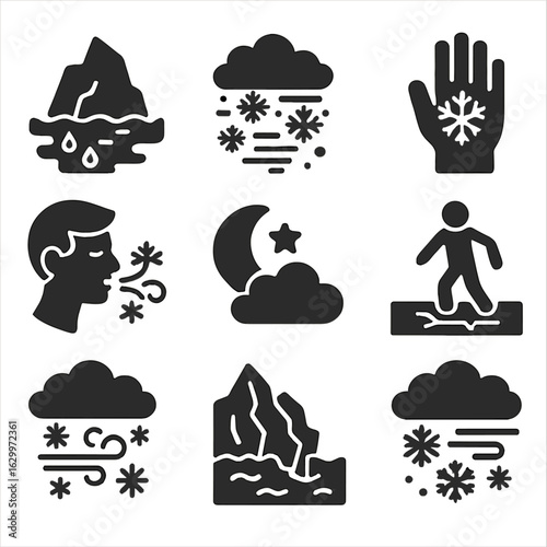 Arctic Challenges Icons. Solid, filled icons set of Arctic environmental challenges: melting ice, blizzard,