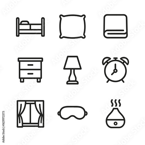 Bedtime Icons Grid. Outline icon set of bedtime environment: bed, pillow, blanket, nightstand, bedside lamp, alarm clock, window