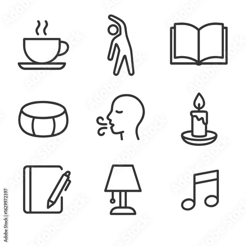 Bedtime Ritual Icons. Outline icon set of bedtime rituals: warm tea cup, gentle stretch silhouette, book open outline, meditation