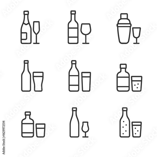 Beverage Icon Set. Outline icon set of bottle and glass combinations: champagne bottle and flute, wine bottle and goblet, cocktail