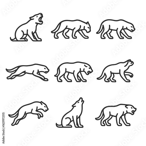 Beast Action Icons. Outline icon set of beast actions: roaring, hunting, stalking, running, biting, scratching, pouncing, howling,