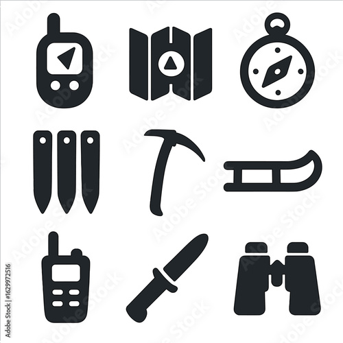 Arctic Navigation Tools Icons. Solid, filled icons set of Arctic navigation and tools: GPS device, map,