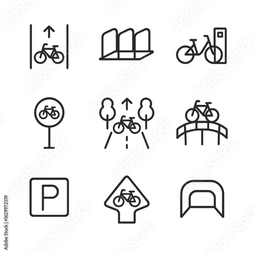 Biking Infrastructure Icons. Outline icon set of biking infrastructure: bike lane, bike rack, bike share station, road sign with