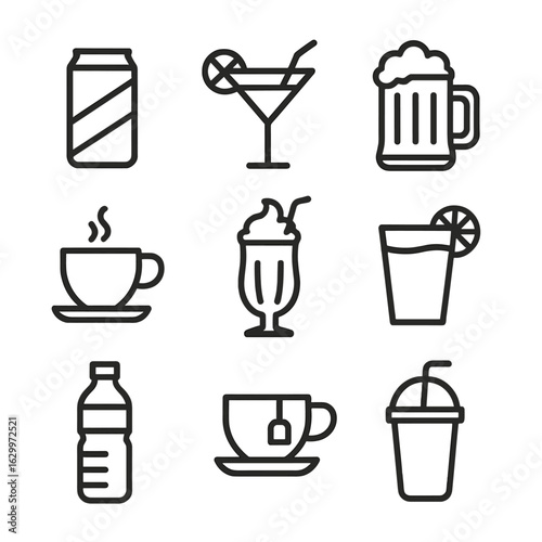 Beverage Icon Set. Outline icon set of pop drinks: soda, cocktail, beer mug, coffee cup, milkshake, juice, water bottle, tea cup,