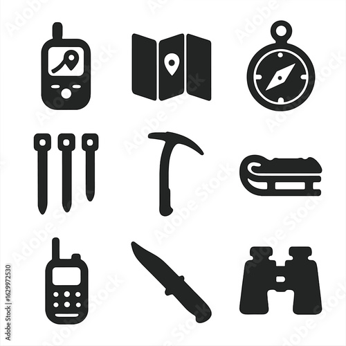 Arctic Navigation Tools Icons. Solid, filled icons set of Arctic navigation and tools: GPS device, map,