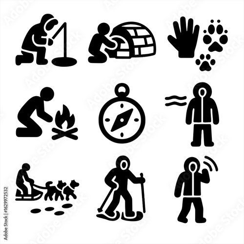 Arctic Survival Icons. Solid, filled icons set of Arctic survival techniques: ice fishing, snow shelter
