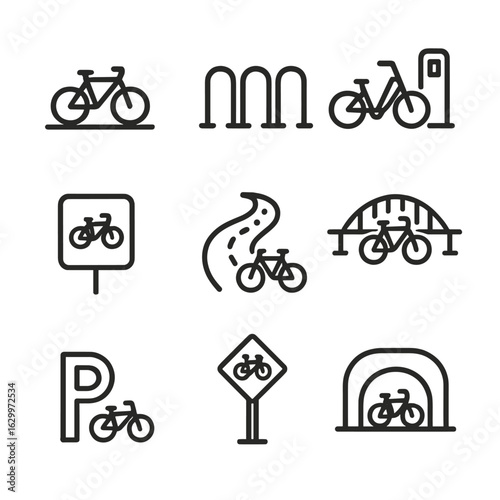 Biking Infrastructure Icons. Outline icon set of biking infrastructure: bike lane, bike rack, bike share station, road sign with