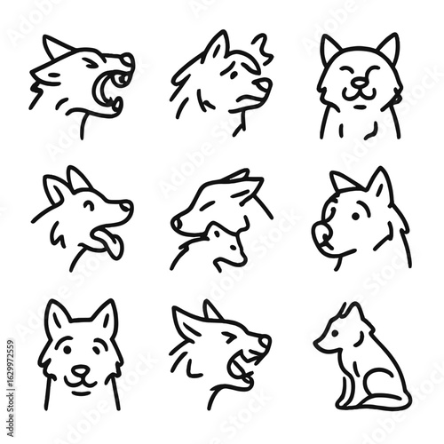 Beast Emotions Icons. Outline icon set of beast emotions: rage, fear, pride, hunger, protectiveness, curiosity, loyalty,
