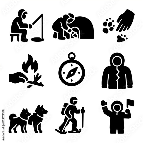 Arctic Survival Icons. Solid, filled icons set of Arctic survival techniques: ice fishing, snow shelter