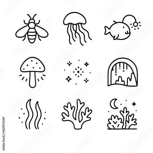 Bioluminescence Icon Grid. Outline icon set of bioluminescence and natural light: firefly silhouette, glowing jellyfish outline,