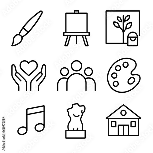 Art and Community Icons. Outline icon set of art and community: paintbrush, easel, mural, hands holding heart,
