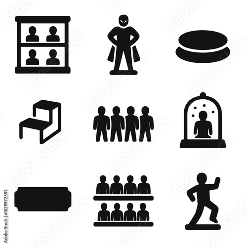 Arranging Collectible Figures Icons. Solid, filled icons set of arranging collectible figures: display case,