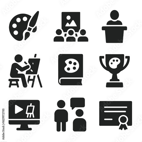 Art Education Icons. Solid, filled icons set of art education and learning: paint palette with brush, art