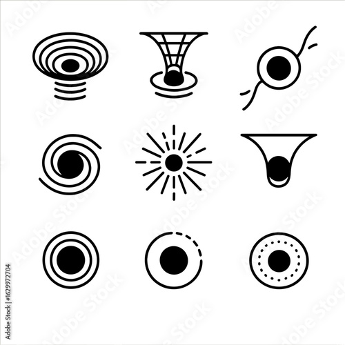 Black Hole Icon Set. Outline icon set of black hole related phenomena: time warp, space collapse, light absorption, energy burst,