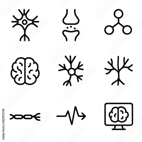 Biological Memory Icons. Outline icon set of biological memory: neuron, synapse, neurotransmitter, brain hemisphere, nerve cell,