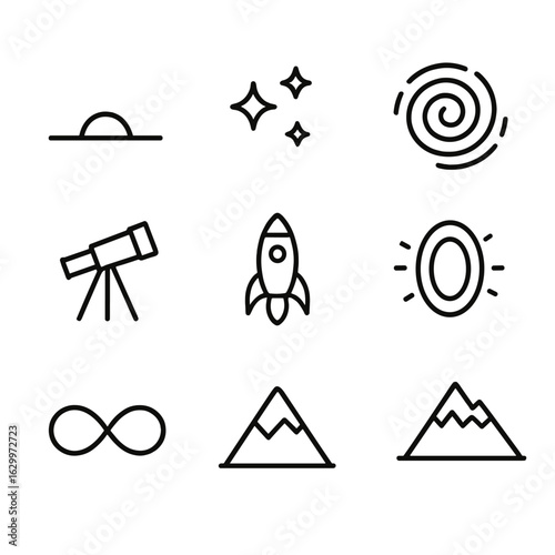 Black Icon Trio. Outline icon set of transitional thresholds: hourglass, calendar flip, ticking clock, rising sun, falling leaf,