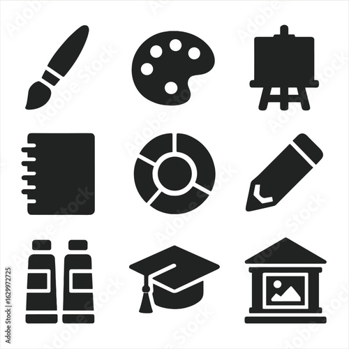 Art Education Icons. Solid, filled icons set of Art education: paintbrush, palette, easel, sketchbook, color