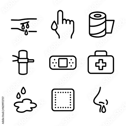 Bleeding Injuries Icon Set. Outline icon set of bleeding injuries: cut wound, bleeding finger, bandage, tourniquet, plaster, first