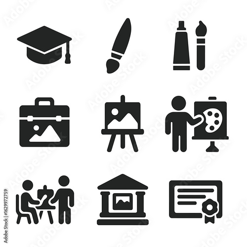 Art Education Icons. Solid, filled icons set of Art education programs: graduation cap, paintbrush, art