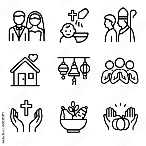Blessing Occasion Icons. Outline icon set of blessing occasions: wedding, baptism, confirmation, ordination, housewarming,