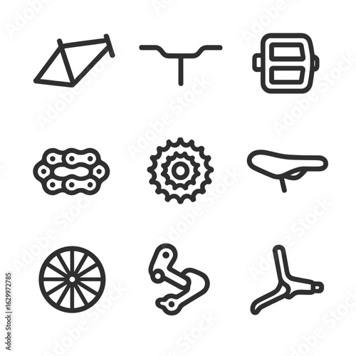 Bike Components Icons. Outline icon set of bike components: bike frame, handlebar, pedal, chain, gear cassette, saddle, spokes,