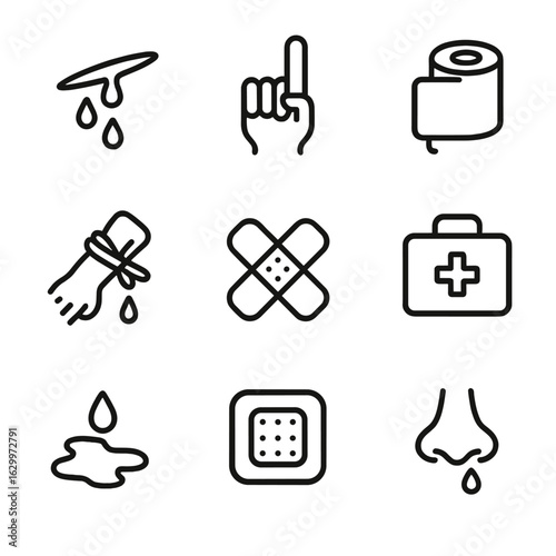 Bleeding Injuries Icon Set. Outline icon set of bleeding injuries: cut wound, bleeding finger, bandage, tourniquet, plaster, first