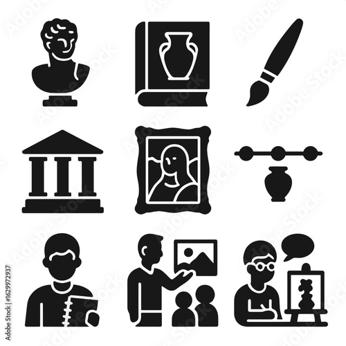 Art History Icons. Solid, filled icons set of Art history and theory: ancient sculpture, art book, paintbrush,