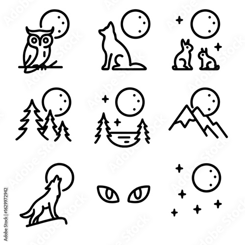 Blood Moon Icons. Outline icon set of blood moon in nature: night owl, wolf silhouette, nocturnal animals, dark forest, moonlit