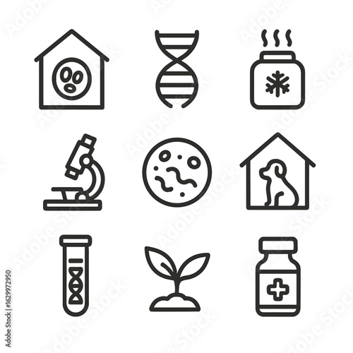 Biological Preservation Icons. Outline icon set of biological preservation: seed bank, DNA helix, cryogenic tank, microscope,