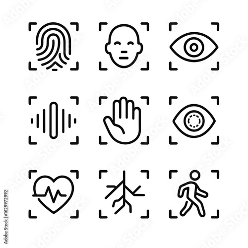 Biometric Icon Set. Outline icon set of biometric input: fingerprint scan, face recognition, iris scan, voice recognition, palm