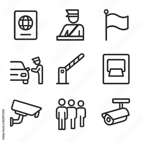 Border Checkpoint Icons. Outline icon set of border checkpoints: passport, customs officer, gate, flag, vehicle inspection,