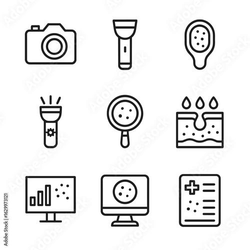 Birthmark Detection Icons. Outline icon set of birthmark detection tools: camera, flashlight, skin scanner, UV light, magnifier,