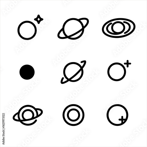 Black Hole Icon Set. Outline icon set of black hole types: stellar black hole, intermediate black hole, supermassive black hole,