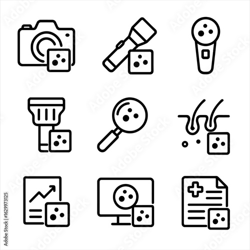 Birthmark Detection Icons. Outline icon set of birthmark detection tools: camera, flashlight, skin scanner, UV light, magnifier,
